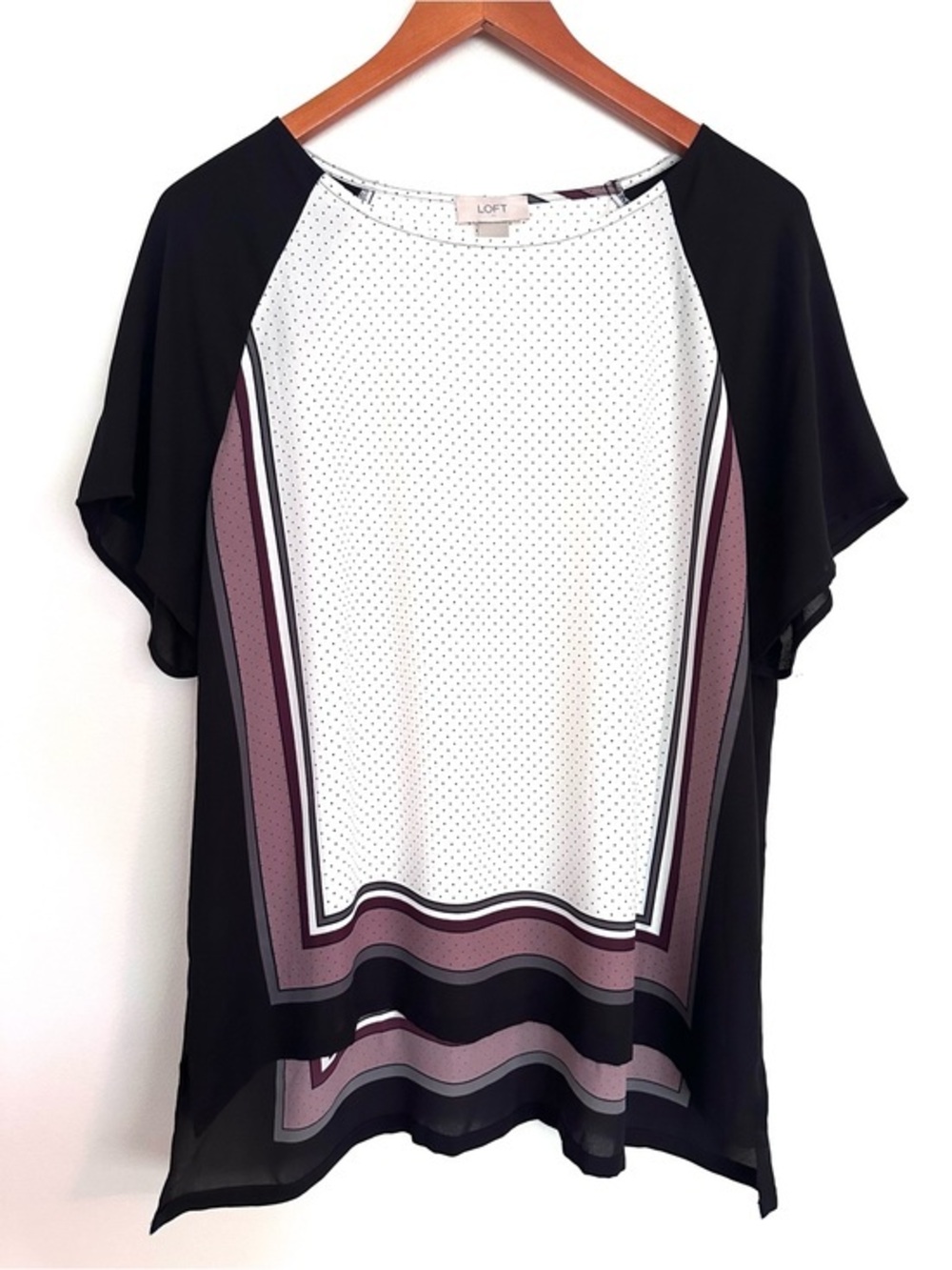 LOFT Black & White Dot Panel Tunic with Mauve Stripe Accents Size XL